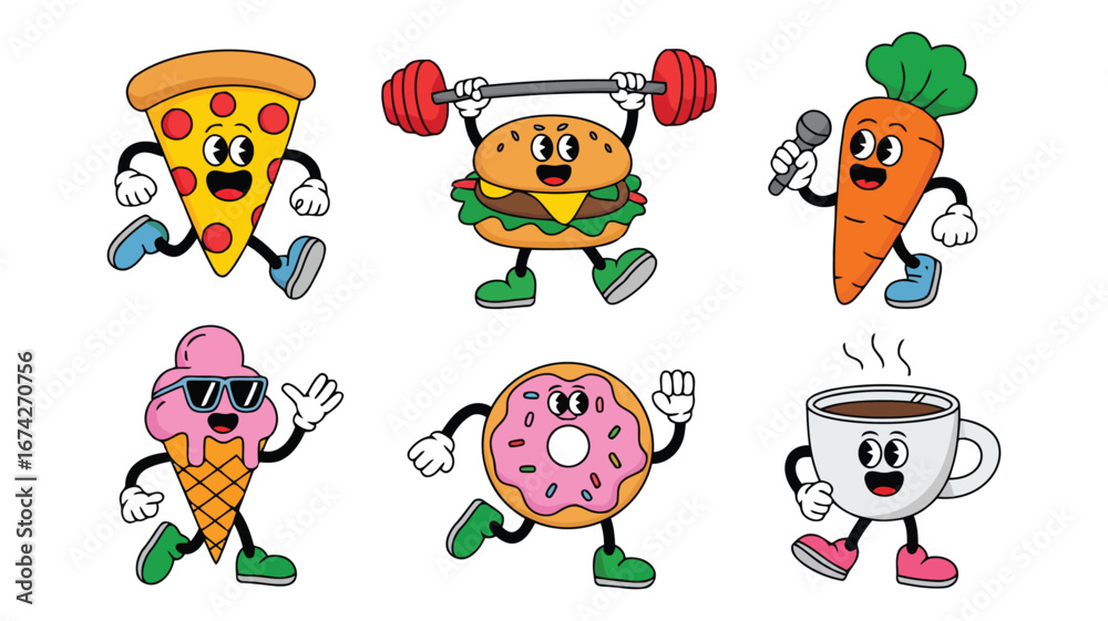 Obraz premium Cheerful cartoon food characters: pizza, burger, carrot, ice cream, donut, coffee cup; retro style, playful mood, vibrant colors, vector illustration.