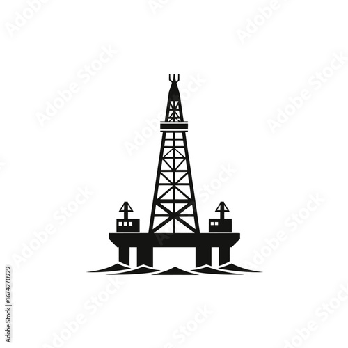 Silhouette of an oil and gas exploration derrick platform for offshore drilling, isolated on a white background