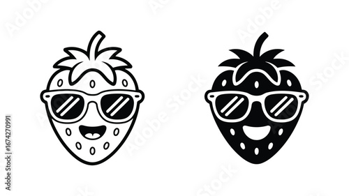 Cool Strawberry Cartoon Characters:  Smiling, Sunglasses, Red and Black Line Art, Vector Illustration, Fun, Happy Mood,  Summer Vibe,  Food Mascot Design.