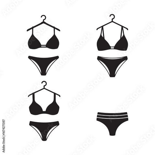 Assortment of Black Silhouette Bikini and Underwear Icons on White Background swimwear swimsuit