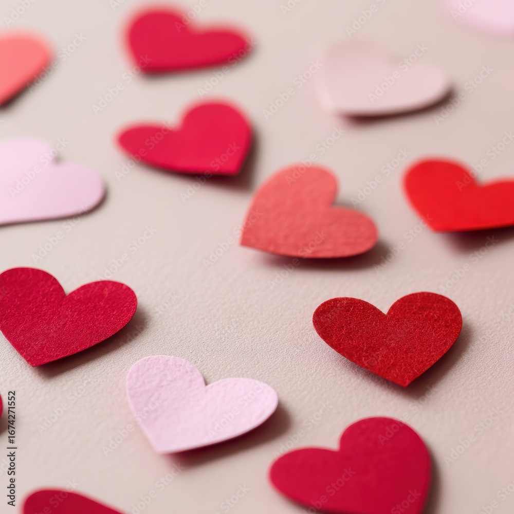 Fototapeta premium Scattered Red and Pink Felt Hearts on a Textured Neutral Background