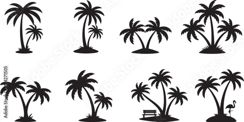 Assortment of Eight Black Silhouette Palm Trees on Tropical Islands beach
