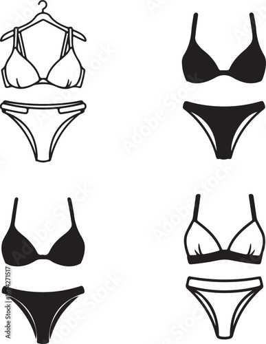 Assortment of Four Bikini Silhouettes, Two on Hangers, on White swimwear swimsuit