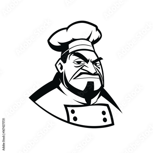 Angry Chef Illustration Black and White Portrait of a Grumpy Cook for Culinary Designs