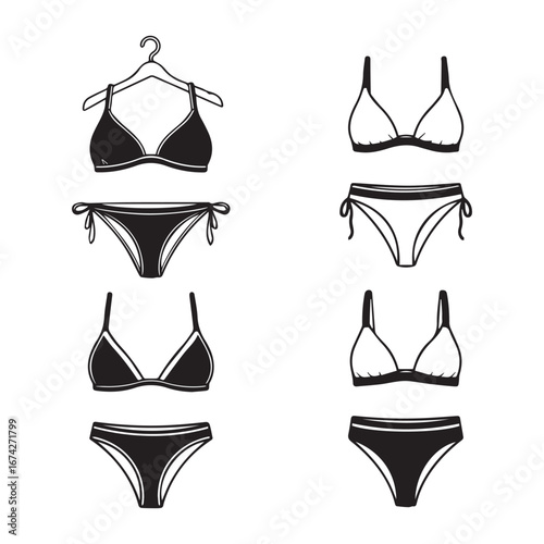 Black and White Silhouette Icons of Bikini Swimwear on White Background swimsuit fashion