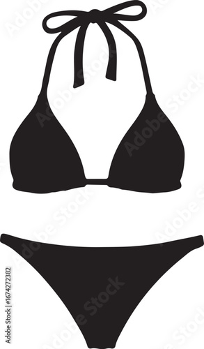 Black Silhouette of a Halter Neck Bikini on a White Background swimwear swimsuit