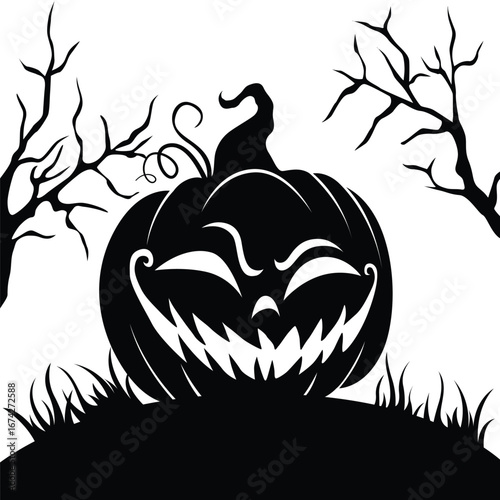 A black and white illustration of a jack o lantern with trees on a white background isolated on transparent background