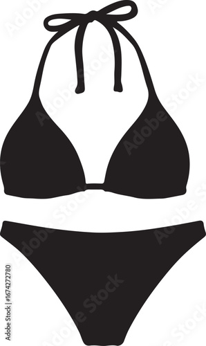Black Silhouette of a Halter Neck Bikini with Tie Bottoms on White Background swimwear swimsuit