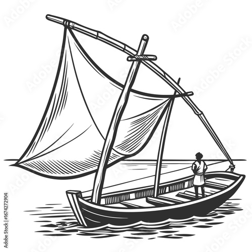 A lone sailor stands on a traditional wooden sailing boat with billowing sails on the water