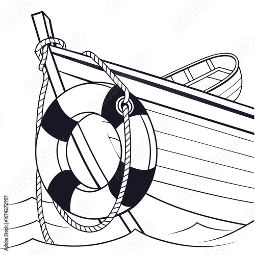 A nautical illustration of a boat with a life preserver attached to the bow
