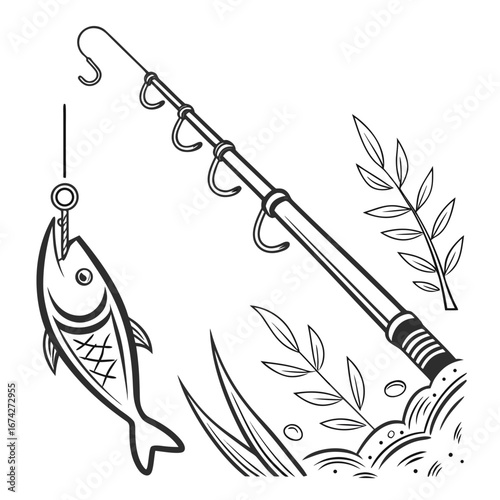 A stylized black and white illustration of a fishing rod with a caught fish on the hook surrounded by aquatic plants and pebbles