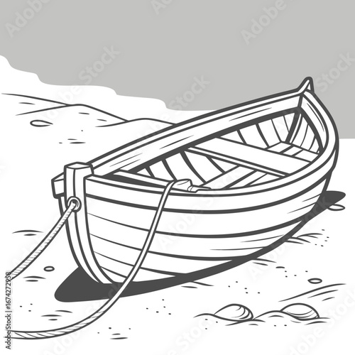 A simple wooden rowboat rests on a sandy beach with a rope tethered to the shore