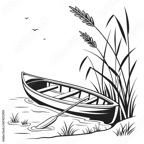 A solitary rowboat rests on the water s edge next to tall reeds with birds flying overhead