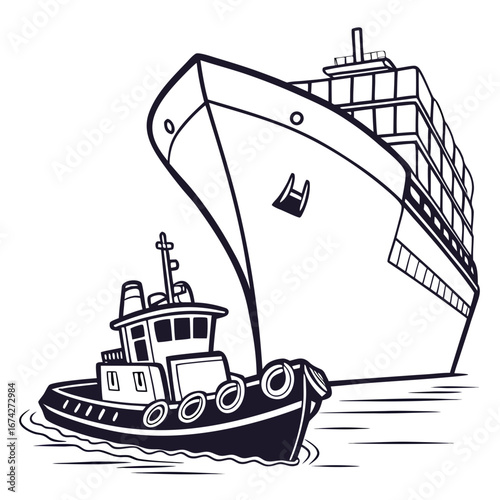 A small tugboat assists a large cargo ship in the water