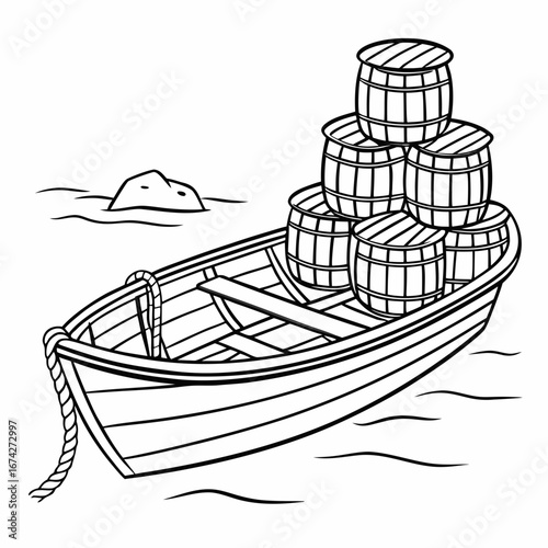 A simple black and white illustration of a rowboat filled with stacked barrels floating on water