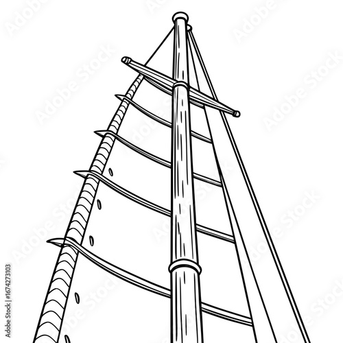 Black and white illustration of a tall ship mast with sails and rigging viewed from below