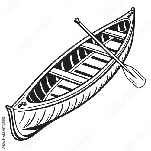 Black and white illustration of an empty canoe with a paddle resting inside on a white background