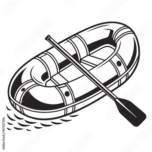 Black and white illustration of an inflatable raft with a paddle on stylized water