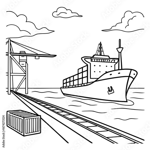 Black and white line drawing of a container ship at a port with a crane and cargo containers