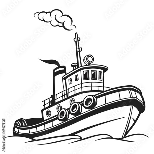 Cartoon black and white tugboat sailing on the water with smoke coming from its chimney