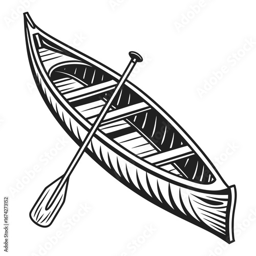 Classic wooden canoe with paddle isolated on white background in a vintage style