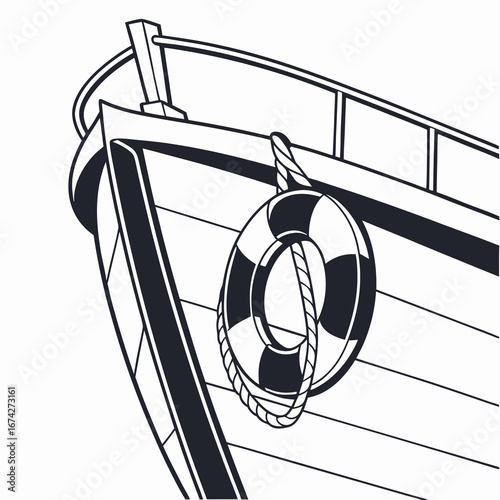 Close up of a boat bow with a life preserver ring hanging on the railing