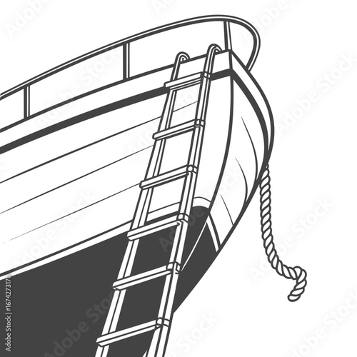 Close up of a boat hull with a boarding ladder and rope detail