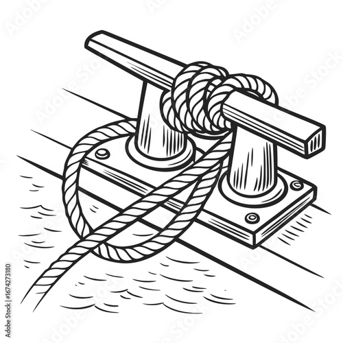 Close up of a thick nautical rope securely tied to a dock cleat with water below