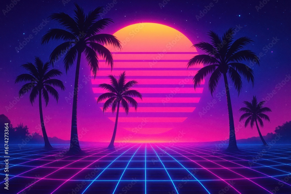 Fototapeta premium Retro Synthwave Landscape with Neon Grid and Purple Sunset Creating 80s Cyberpunk Aesthetic Background