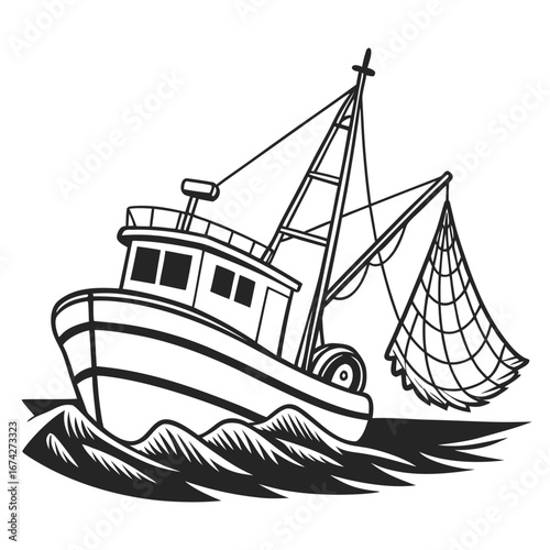Fishing trawler boat with net sailing through choppy waves in a stylized black and white illustration