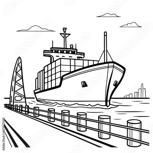 Large cargo ship sailing into a harbor with a distinctive bridge structure and city skyline