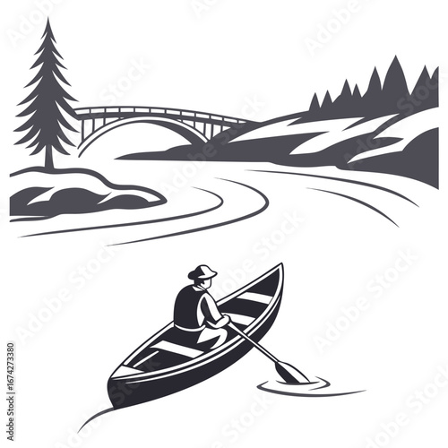 Man paddling a canoe on a river towards a scenic bridge and forest landscape