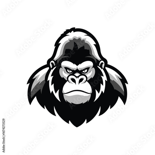 Vector illustration of an intimidating silverback gorilla head mascot in monochrome, symbolizing strength and power