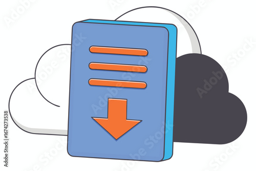 Cloud storage file download icon with orange arrow and blue document representing data transfer and digital accessibility concept