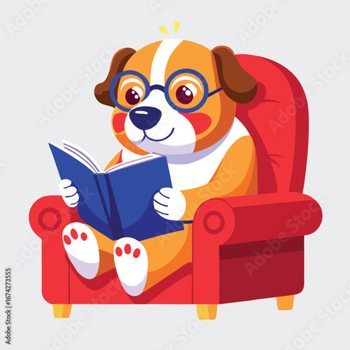 Funny cartoon illustration of a cute puppy reading a book in a gift box with a present