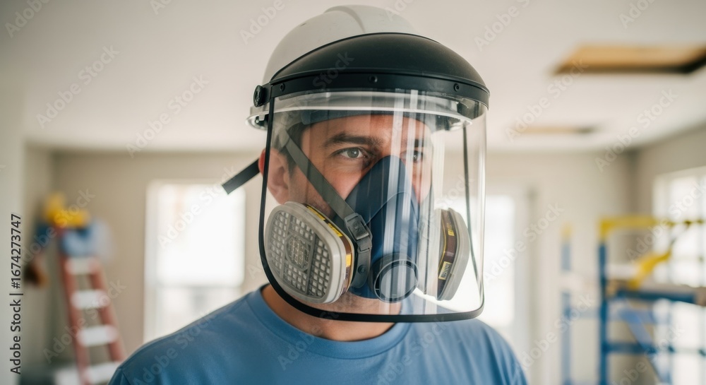 Fototapeta premium Protective helmet with attached respirator and clear face shield worn by contractor before starting popcorn ceiling removal indoors.