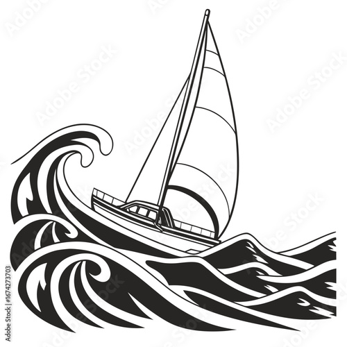 Stylized black and white illustration of a sailboat navigating through rough ocean waves