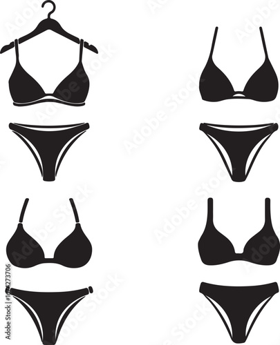 Collection of Four Black Silhouette Bikini Icons on a White Background swimwear swimsuit