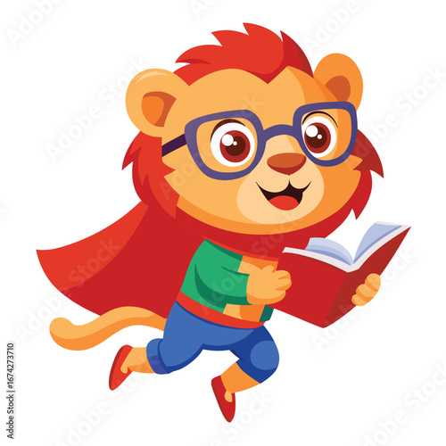 A fun vector illustration of a cartoon boy with a dog and funny glasses, dressed as a silly superhero fighting a zombie