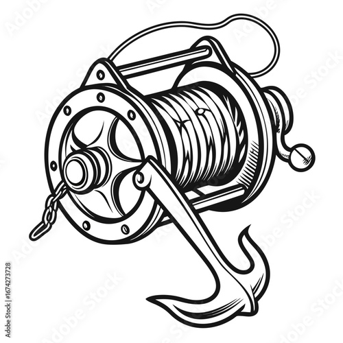 Stylized illustration of a nautical anchor winch with rope and chain on a white background