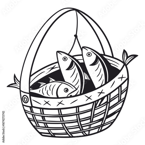 Three stylized fish are depicted in a woven basket with a handle