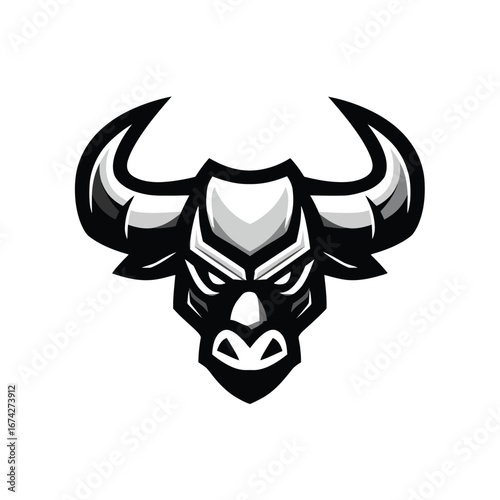 Fierce bull head mascot vector illustration in a bold monochrome style, a powerful symbol of strength, aggression, and determination