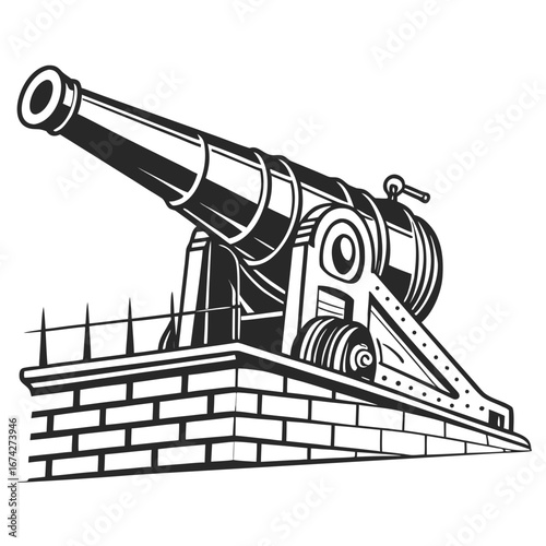 Vintage cannon mounted on a brick fortification with a metal railing and spikes