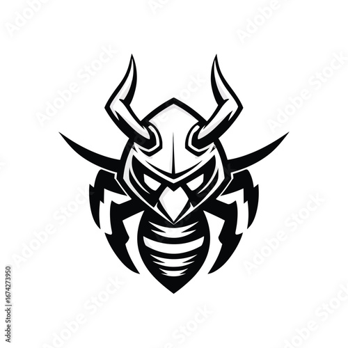 A powerful and stylized insect warrior emblem, perfect for a sports team mascot or a bold brand identity, featuring a formidable beetle-like creature with imposing horns