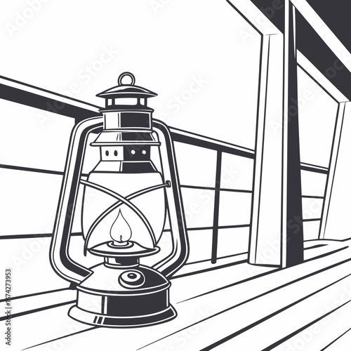 Vintage kerosene lantern with a flame sits on a wooden deck with railings