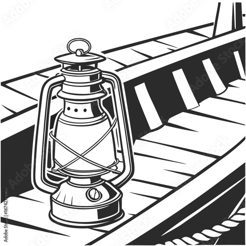Vintage kerosene lantern placed on a wooden deck with rope detail