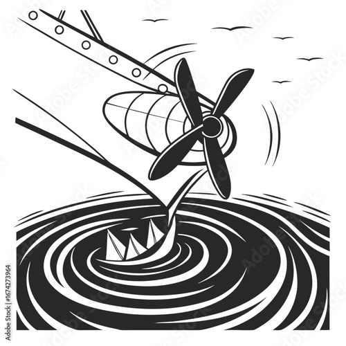 Vintage airplane propeller creates a whirlpool with sailboats caught in the vortex