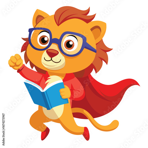 A funny cartoon illustration of a cute wild lion character smiling in the safari