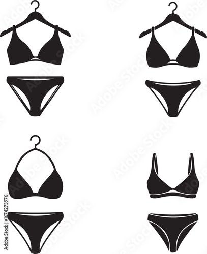 Four Black Silhouette Bikini Sets on Hangers and Plain on White Background swimwear fashion