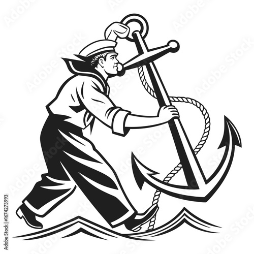 Vintage sailor man with anchor and rope walking through waves nautical emblem